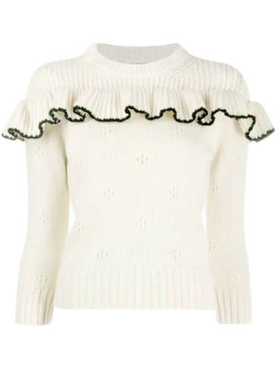 Shop Alexander Mcqueen Cashmere Ruffled Crew Neck Sweater In White