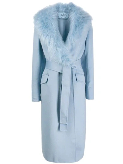 Shop Prada Oversized Collar Mid-length Coat In Light Blue