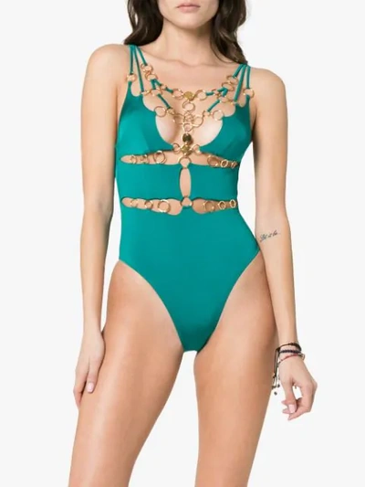 Shop Agent Provocateur Davine Gold Ring Lace Up Swimsuit In Green