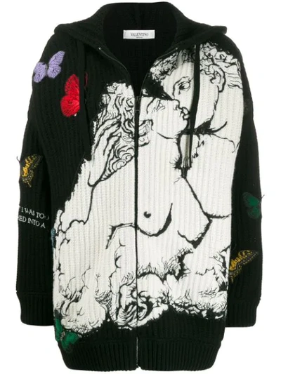 Shop Valentino Embroidered Hooded Cardigan In Black