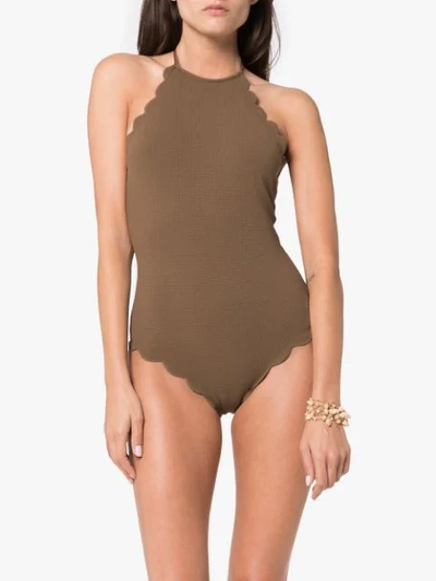 Shop Marysia Mott Scalloped Halterneck Swimsuit - Brown
