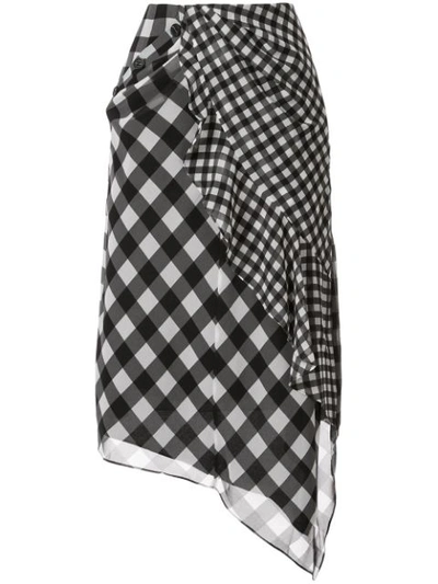 Shop Self-portrait Mixed Gingham-print Skirt In Black ,white