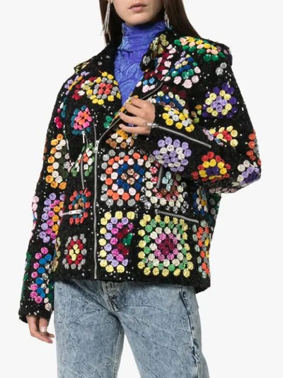 Shop Ashish Sequin-embellished Crochet Biker Jacket In Multicoloured