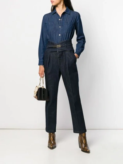 Shop Pinko Belted Two-tone Denim Jumpsuit In Blue