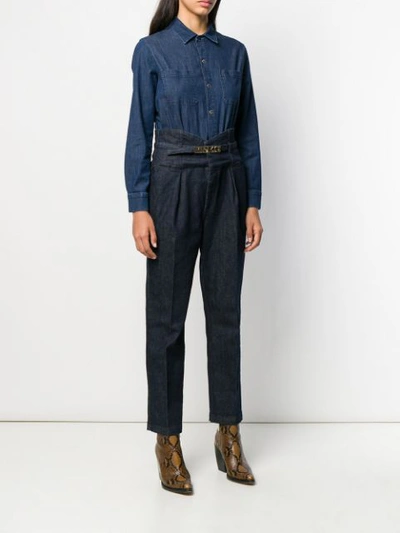 Shop Pinko Belted Two-tone Denim Jumpsuit In Blue