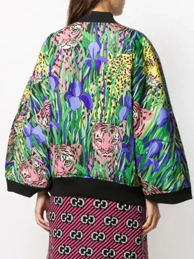 Shop Gucci Feline Garden Print Bomber Jacket In Green