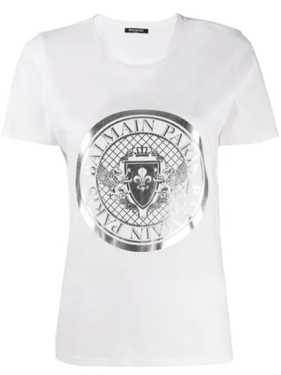 Shop Balmain Logo Medallion Print T-shirt In White