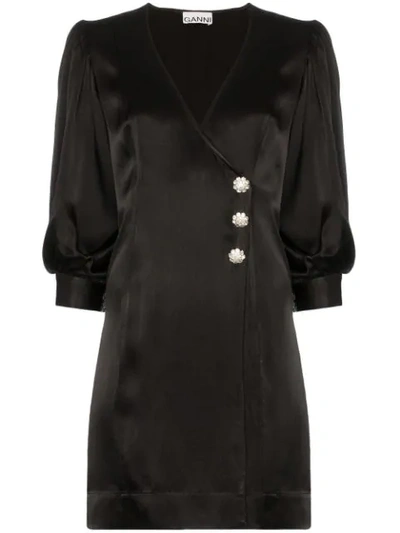 Shop Ganni Wrap-front Mini Dress In Black