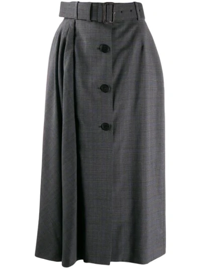 Shop Prada Belted Check Midi Skirt In Grey