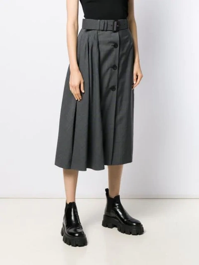 Shop Prada Belted Check Midi Skirt In Grey