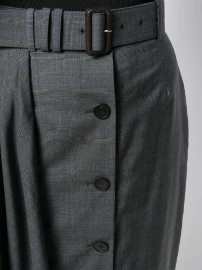 Shop Prada Belted Check Midi Skirt In Grey