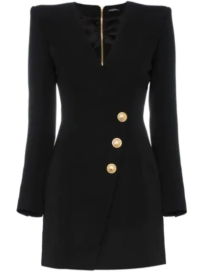 Shop Balmain Plunge Neck Button Dress In Black