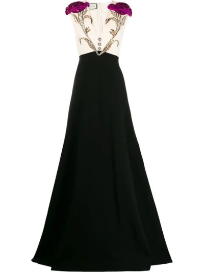 Shop Gucci Floral Appliqué Evening Dress In Black