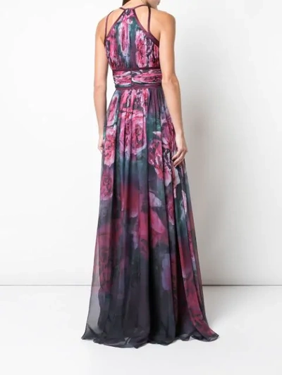 Shop Marchesa Notte Floral Printed Chiffon Gown In Purple