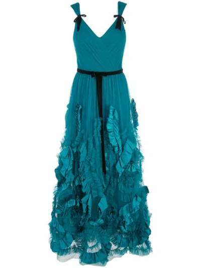 Shop Marchesa Notte Mix-media Textured Tulle Tea Length Dress In Blue