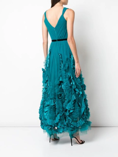 Shop Marchesa Notte Mix-media Textured Tulle Tea Length Dress In Blue