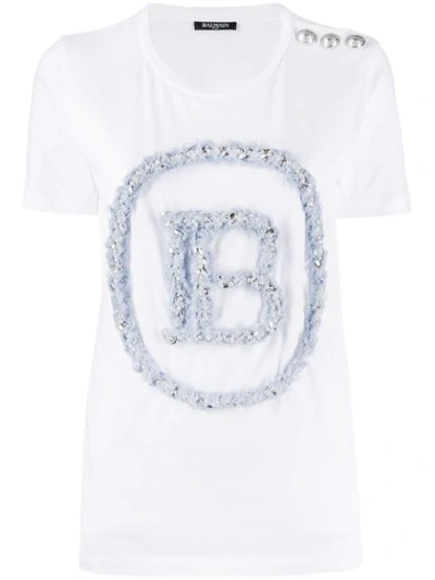 Shop Balmain Textured Logo T-shirt In White