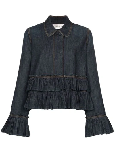 Shop Valentino Ruffle Detail Denim Jacket In Blue