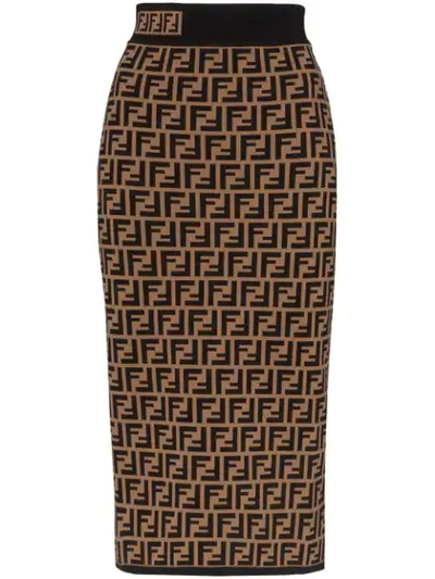 Shop Fendi Monogram Midi Skirt In Brown