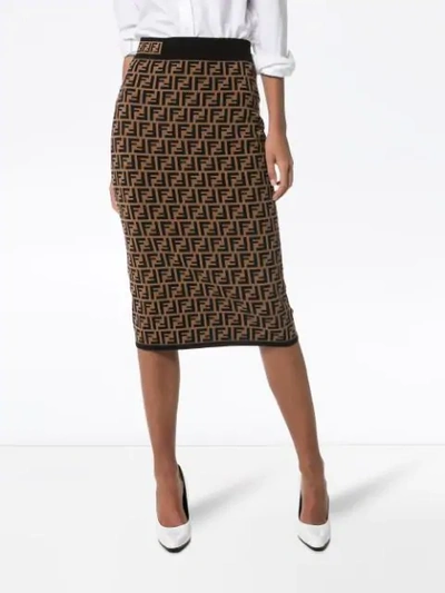 Shop Fendi Monogram Midi Skirt In Brown