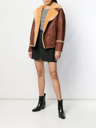 Shop Sandro Fur-trimmed Biker Jacket In Brown