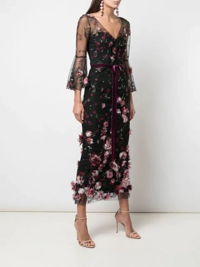 Shop Marchesa Notte 3/4 Sleeve V-neck 3d Floral Dress In Black