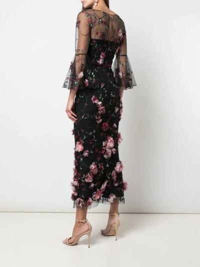 Shop Marchesa Notte 3/4 Sleeve V-neck 3d Floral Dress In Black