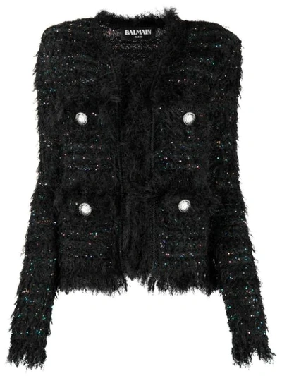 Shop Balmain Frayed Tweed Jacket In Eah Noir