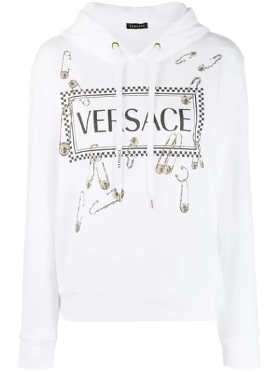 Shop Versace Logo Safety Pin Hoodie In White