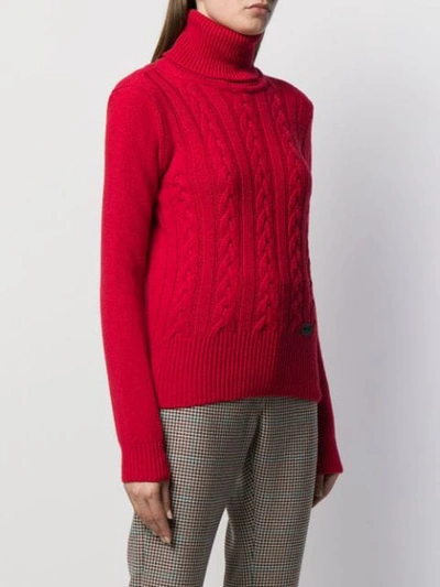 Shop Be Blumarine Roll Neck Cable Knit Sweater In Red