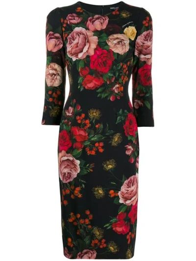 Shop Dolce & Gabbana Rose Print Fitted Dress In Hn82a Rose Barocche F Nero