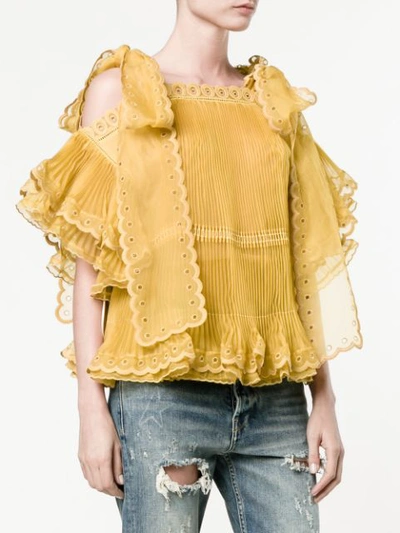 Shop Chloé Sheer Pleated Scalloped Blouse In Yellow