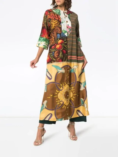 Shop Rianna + Nina Printed Button Down Silk Kaftan In Brown