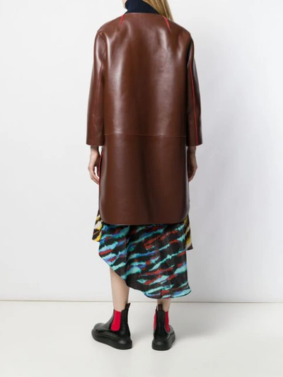 Shop Marni Leather Collarless Coat In Brown
