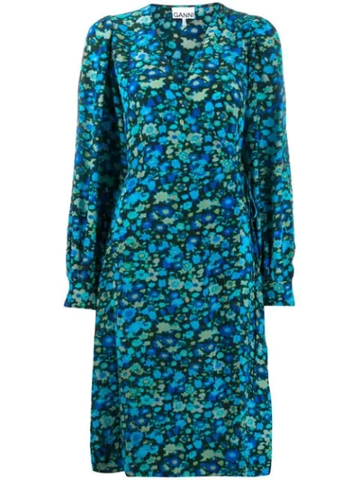 Shop Ganni Floral-print Wrap Dress In Blue