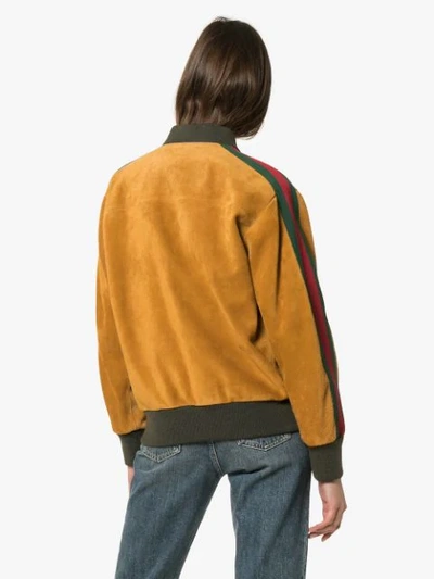 Shop Gucci Logo Stripe Suede Bomber Jacket In Yellow