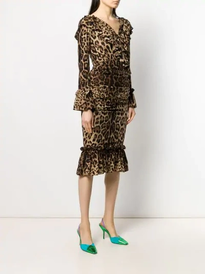 Shop Dolce & Gabbana Ruffle Leopard Print Dress In Brown