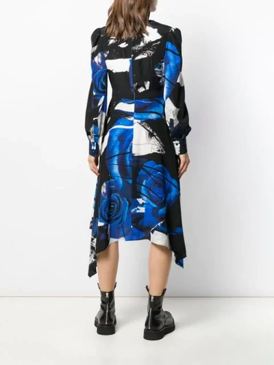 Shop Alexander Mcqueen Rose Print Draped Dress In Blue