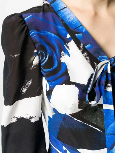 Shop Alexander Mcqueen Rose Print Draped Dress In Blue