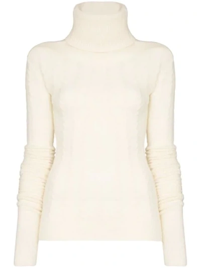 Shop Jacquemus Sofia Cable Knit Roll-neck Jumper In White