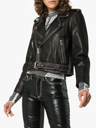 Shop Ganni Angela Leather Biker Jacket In Black