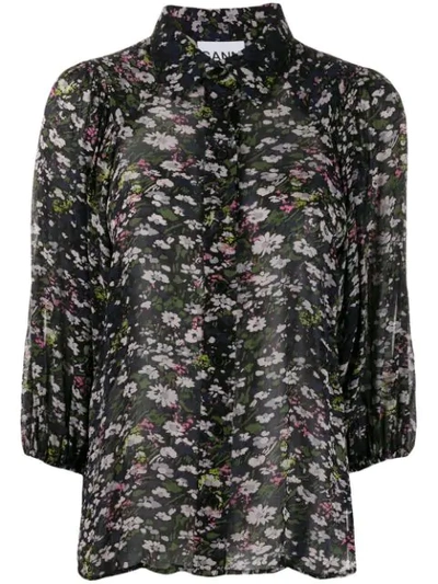 Shop Ganni Georgette Floral Print Blouse In Black