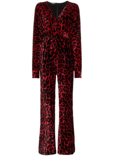 Shop Balmain Leopard Print Wide Leg Velvet Jumpsuit In Black