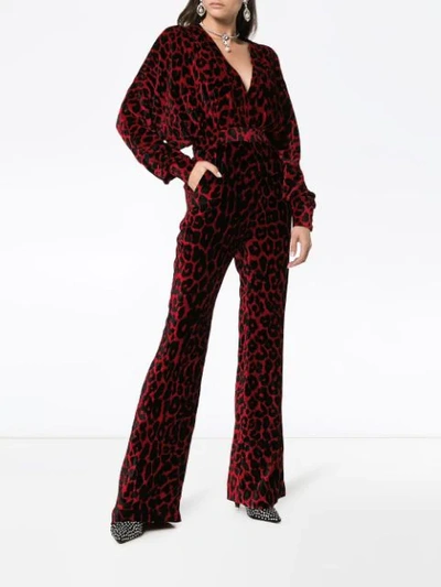 Shop Balmain Leopard Print Wide Leg Velvet Jumpsuit In Black