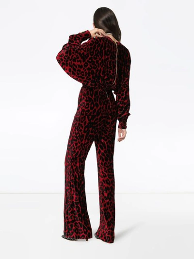 Shop Balmain Leopard Print Wide Leg Velvet Jumpsuit In Black