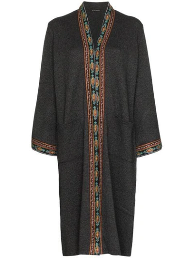 Shop Etro Embroidered-trim Long Cardigan In 9151 Grey