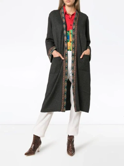 Shop Etro Embroidered-trim Long Cardigan In 9151 Grey