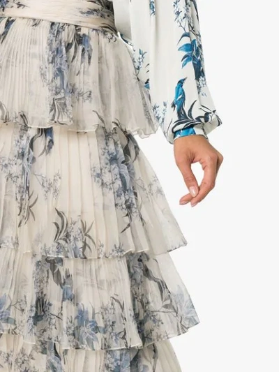 Shop Johanna Ortiz Journey Of The Soul Floral Print Tiered Silk Skirt In Beige Blue Flowers