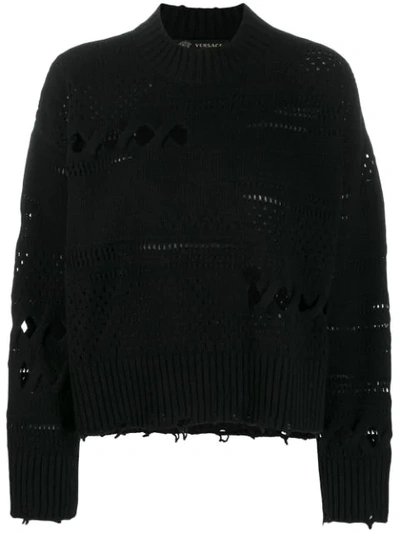 Shop Versace Distressed Knitted Sweater In Black