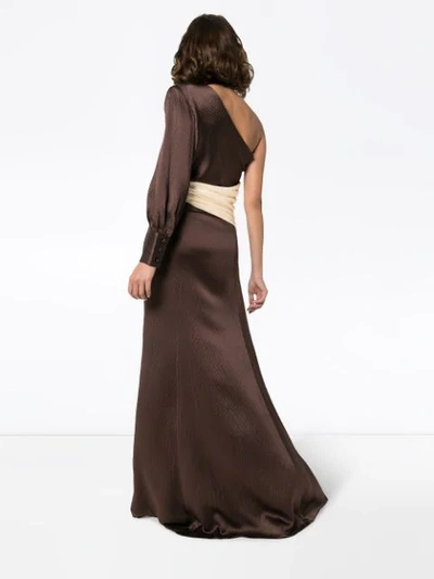 Shop Rebecca De Ravenel One-shoulder Gown In Brown